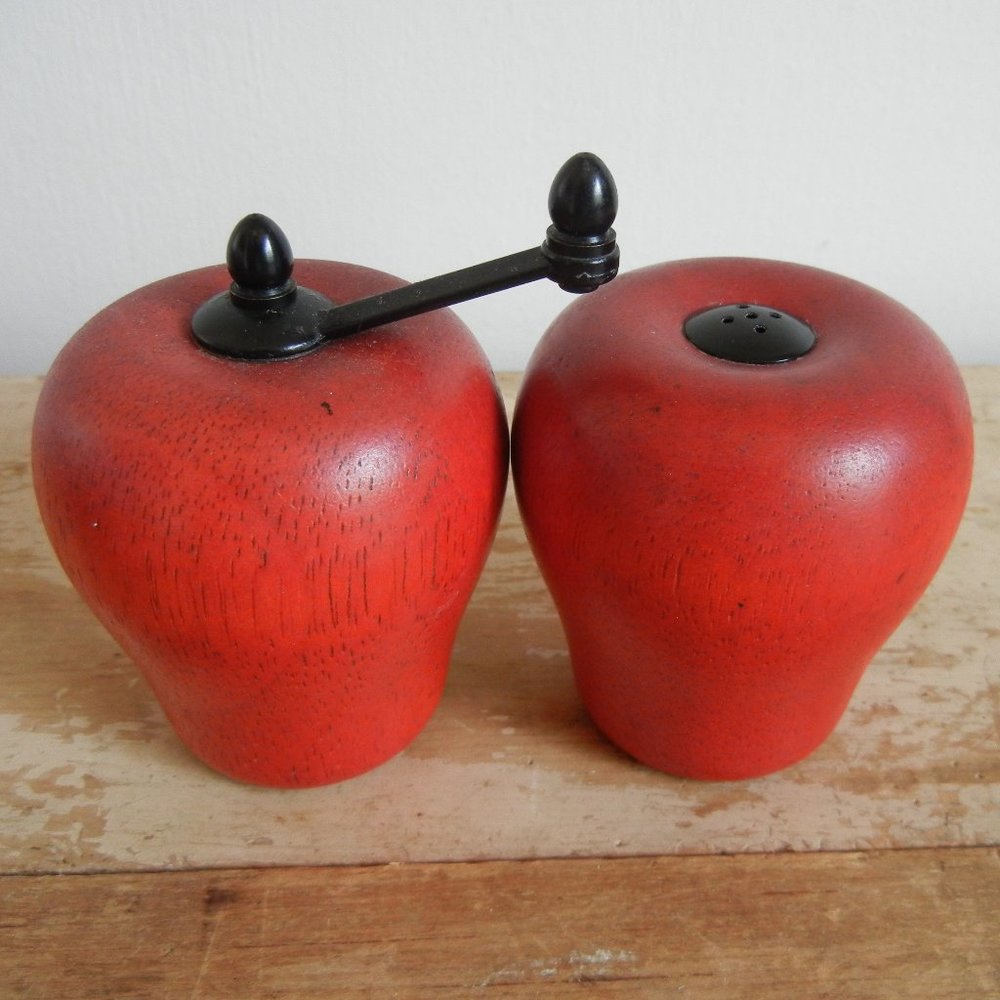 Vintage Retro Wooden Red Apple Salt Shaker and Pepper Grinder Set - Home Decor.